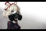  amagaya_(rat-tat-tat) blonde_hair blue_dress blue_eyes bow bust covering covering_face dress eyelashes gas_mask gradient gradient_background grey_background hair_ribbon letterboxed looking_at_viewer medicine_melancholy ribbon short_hair solo touhou white_background 