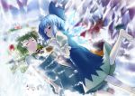  ascot barefoot blue_eyes blue_hair blush bow cirno closed_eyes commentary daiyousei eyes_closed fairy feet flower frozen green_hair hair_bow ice multiple_girls short_hair sinzan touhou yandere yuri 