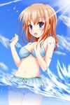  bare_shoulders bikini bikini_skirt bird blue_eyes blush brown_hair cloud clouds looking_at_viewer navel open_mouth orange_hair original short_hair sky solo splash splashing sun swimsuit takataka thigh_gap thighs wading water waving 