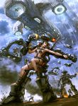  bikini breasts brown_hair city cloud clouds copyright_request dropship epic exoskeleton explosion headset mecha noba power_suit realistic science_fiction short_hair sky swimsuit war 