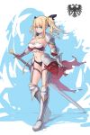  armor bikini_armor black_panties blonde_hair blue_eyes breasts cleavage detached_sleeves faulds gauntlets greaves hair_ornament hair_ribbon highres holding holy_roman_empire looking_at_viewer navel nightmaremk2 original panties pauldrons ribbon roman_empire shoulder_plates solo sword twintails underwear weapon white_panties 