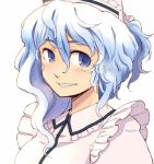  alternate_hair_length alternate_hairstyle blue_eyes blue_hair face frills hat light_smile looking_at_viewer merlin_prismriver parted_lips ponytail portrait ryuhey simple_background solo touhou wavy_hair white_background 