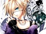  1boy androgynous blonde_hair blue_eyes collarbone earrings eyepatch flower gloves hair_over_one_eye jewelry kagamine_len male nail_polish necklace off_shoulder skull trap ueno_tsuki vocaloid 