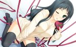  1girl ;p berry&#039;s black_hair black_legwear chocolate chocolate_heart collarbone dutch_angle green_eyes hairband hashimoto_takashi heart highres long_hair makinosawa_ena one_eye_closed sitting sleeves_past_wrists solo sweater sweater_tug thigh-highs tongue tongue_out valentine wariza 