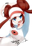  blue_eyes breasts brown_hair double_bun female_protagonist_(pokemon_bw2) hat highres holding holding_poke_ball long_hair lowres mei_(pokemon) nintendo poke_ball pokemon pokemon_(game) pokemon_bw2 raglan_sleeves smile solo tung twintails visor_cap 