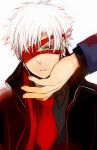  alternate_persona bad_id bandages_over_eyes caron_(pixiv276600) coat dark_persona emiya_kiritsugu fate/zero fate_(series) male necktie red_eyes vertical_stripes white_background white_hair 