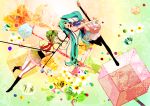  778-go aqua_eyes aqua_hair boots electric_guitar green_eyes green_hair guitar gumi hatsune_miku headphones highres instrument knee_boots long_hair microphone microphone_stand multiple_girls open_mouth skirt thigh-highs thigh_boots thighhighs twintails very_long_hair vocaloid 