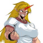  blonde_hair breasts clenched_hand face grin horn hoshiguma_yuugi large_breasts long_hair muscle pointy_ears red_eyes sharp_teeth sketch smile solo space_jin spacezin touhou 