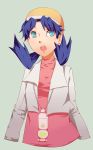  1girl blackribbonlolita blue_eyes blue_hair crystal_(pokemon) hat open_mouth pokemon pokemon_(game) pokemon_gsc simple_background solo twintails 