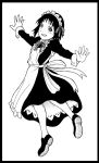  1girl apron maid maid_headdress monochrome outstretched_arms pantyhose sekisiki short_hair solo spread_arms wrist_cuffs 