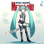  aqua_eyes aqua_hair boots chainsaw character_name detached_sleeves hatsune_miku headset holding kei-suwabe long_hair musical_note navel necktie short_shorts shorts solo standing thigh-highs thigh_boots thighhighs title_drop twintails very_long_hair vocaloid 