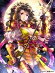  arm_guard arm_guards armor black_gloves breasts brown_hair character_request cleavage floral_print gauntlets gloves guantlet hair_tubes japanese_clothes komatsu-hime large_breasts long_hair nardack petals polearm purple_eyes seigaiha sengoku_saga sode solo spear violet_eyes weapon 