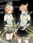 1girl aqua_eyes arm_warmers background_text blonde_hair brother_and_sister detached_sleeves hair_ornament hair_ribbon hairclip headphones kagamine_len kagamine_len_(append) kagamine_rin kagamine_rin_(append) navel navel_cutout ribbon short_hair shorts siblings smile twins vocaloid vocaloid_append 