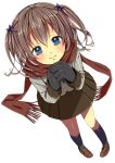  bad_id blue_eyes blush brown_hair from_above gloves hair_ornament hands_clasped hands_together light_smile loafers original scarf shoes short_hair short_twintails simple_background skirt smile solo twintails white_background yadapot 