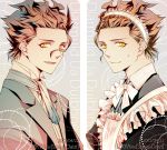  2boys ahoge alternate_costume ascot bad_id brown_hair character_name dated dual_persona enmaided fate/zero fate_(series) formal kesikaran lancer_(fate/zero) maid maid_headdress male mole multiple_boys smile suit yellow_eyes 