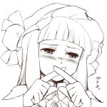  blush bow embarrassed face greyscale hands hat hat_bow high_contrast looking_away monochrome nose_blush patchouli_knowledge portrait ryuhey simple_background sketch solo text touhou white_background 