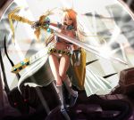  armor bare_shoulders blonde_hair boots breasts cape cleavage code_of_princess huge_breasts iwanishi long_hair shield solange solo sword tiara weapon 
