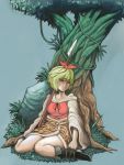  1girl blue_background boots breasts coin collarbone drooling grass hair_ornament highres impossible_clothes impossible_shirt long_sleeves moss multicolored_hair polearm rock short_hair simple_background sitting sleeping solo spear tetsuringo tiger_print toramaru_shou touhou tree two-tone_hair wariza weapon wide_sleeves 