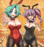  animal_ears blue_eyes bowtie breasts bunny_ears bunnysuit character_request cleavage copyright_request detached_collar female foreshortening green_eyes green_hair inubousaki_ayako long_hair multiple_girls pantyhose purple_hair rabbit_ears short_hair side_ponytail taishi_(artist) v wrist_cuffs 