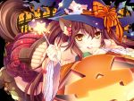  :q animal_ears belt_pouch black_legwear blush bow brown_hair cat_ears endyy halloween hat jack-o&#039;-lantern jack-o'-lantern looking_at_viewer orange_eyes original plaid plaid_skirt skirt solo star tail thigh-highs thighhighs tongue twintails wand witch_hat 
