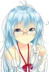  antenna_hair bad_id bespectacled blue_eyes blue_hair dai_(uhyoko1102151) denpa_onna_to_seishun_otoko glasses long_hair looking_at_viewer off_shoulder over-rim_glasses red-framed_glasses semi-rimless_glasses simple_background smile solo touwa_erio white_background 