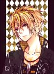  amnesia_(idea_factory) argyle argyle_background blonde_hair expressionless feathers jacket jewelry male necklace solo toma_(amnesia) yamika yellow_eyes 