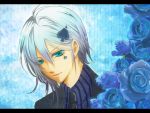  amnesia_(idea_factory) aqua_eyes blue_background blue_rose flower hair_ornament hairclip ikki_(amnesia) male necktie rose smile solo white_hair yakko0823 