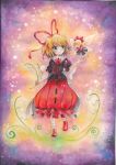  aqua_eyes arm_up bellflower blonde_hair bow bubble_skirt capelet flower hair_bow hair_ribbon light_particles lights marker_(medium) medicine_melancholy mosho ribbon shirt skirt smile solo su-san touhou traditional_media watercolor_(medium) wings |_| 