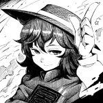  book crosshatching face greyscale hat light_smile long_sleeves looking_at_viewer monochrome pointing portrait ryuhey solo touhou usami_renko 