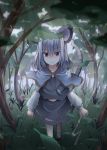  animal_ears capelet dowsing_rod grass grey_hair highres jewelry miyaoi mouse_ears mouse_tail nazrin pendant red_eyes short_hair skirt solo tail touhou tree 