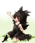  bird black_dress black_hair bow child crow dress gobou hair_bow long_hair open_mouth outstretched_arm red_eyes reiuji_utsuho sitting solo tooth touhou wariza wings 