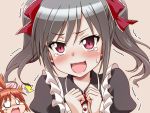  blush grey_hair hair_ribbon idolmaster idolmaster_cinderella_girls kanzaki_ranko long_hair open_mouth pink_eyes ribbon shaking smile sweatdrop tears trembling twintails uraichishi wakabayashi_tomoka 