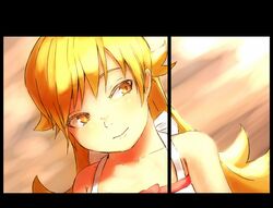  bare_shoulders blonde_hair blush_stickers monogatari_(series) oshino_shinobu pointy_ears quartier_latin satsuki_neko solo yellow_eyes 