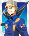  ahoge airplane america_(hetalia) axis_powers_hetalia blonde_hair blue_eyes flag glasses grin hat male solo uniform 