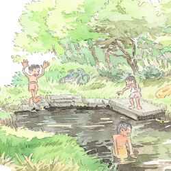  3boys bicycle child danfortiz foliage forest grass happy highres innertube male_focus male_swimwear multiple_boys nature no_nose original outdoors painting_(medium) pond shorts smile solid_circle_eyes spanish_commentary swim_ring swimming swimsuit tall_grass tank_top traditional_media wading water watercolor_(medium) 