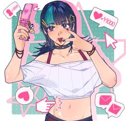 1girl black_hair border chin_piercing choker crop_top dahlia_(piercing) eni_ate face_piercing female_focus green_streaks highres hoshi_kirara jujutsu_kaisen labret_piercing like_and_retweet lip_piercing medium_hair midriff multicolored_hair navel off-shoulder_shirt off_shoulder piercing selfie shirt side_labret_piercing simple_background snakebite_(piercing) solo spiked_choker spikes streaked_hair violet_eyes white_border wolf_cut