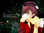  brown_hair glasses gloves hat highres merry_christmas mitsumi_misato scarf snow wallpaper 