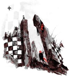  6+boys animal_ears arch army artist_name banner battle_standard black_cloak checkered_background cloak concrete fantasy highres holding holding_polearm holding_weapon multiple_boys omnukij original polearm red_hair soldier surreal sword sword_on_back tail war_banner weapon weapon_on_back white_background wolf_boy wolf_ears wolf_tail 