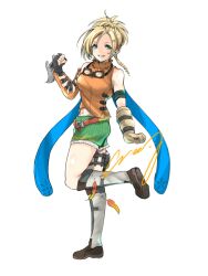  1girl aqua_eyes asymmetrical_gloves asymmetrical_legwear bare_shoulders belt black_gloves blonde_hair boots braid breasts claw_(weapon) clenched_hand commentary_request crazy02oekaki final_fantasy final_fantasy_x fingerless_gloves full_body gloves goggles goggles_around_neck green_shorts grey_gloves hair_ornament highres looking_at_viewer loose_belt medium_breasts medium_hair midriff_peek navel orange_shirt parted_bangs parted_lips ponytail rikku_(ff10) shirt shorts signature single_fingerless_glove smile solo standing standing_on_one_leg teeth twin_braids weapon white_background x_hair_ornament 