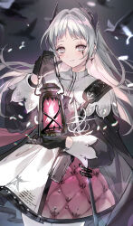 1girl absurdres ammunition ammunition_belt arknights bird black_background black_bird black_gloves black_jacket black_sleeves capelet commentary cowboy_shot cross_scar earrings gloves grey_eyes grey_hair gun handgun handgun_cartridge highres holding holding_lantern irene_(arknights) jacket jewelry lantern light_smile long_hair long_sleeves looking_at_viewer pantyhose peki_(kochagokugoku) pink_pupils rapier scar scar_across_eye scar_on_face smile solo sword weapon white_capelet white_pantyhose 