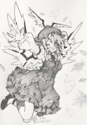  1girl :d ;d absurdres animal_ears bird_ears bird_wings bow bowtie breasts carbohydrate_(asta4282) collared_shirt commentary_request dress fang fingernails full_body highres juliet_sleeves long_fingernails long_sleeves looking_at_viewer medium_hair mystia_lorelei one-hour_drawing_challenge one_eye_closed pinafore_dress puffy_sleeves shirt shoes skin_fang sleeveless sleeveless_dress small_breasts smile solo touhou traditional_media winged_hat winged_shoes wings 