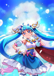  1girl absurdres ahoge backlighting balloon blue_cape blue_dress blue_eyes blue_hair blue_sky bow brooch cape closed_mouth clouds cloudy_sky commentary cowboy_shot cure_sky cut_bangs detached_sleeves dress dress_bow earclip earrings feathers fingerless_gloves frilled_dress frills fringe_trim gloves gradient_hair hair_ornament hand_on_own_hip highres hirogaru_sky!_precure jewelry long_hair looking_at_viewer magical_girl medium_dress momotarouooi multicolored_hair outdoors pink_bow pink_hair precure puffy_detached_sleeves puffy_sleeves red_cape single_earring single_sidelock sky sleeveless sleeveless_dress smile solo sora_harewataru standing streaked_hair sunlight thigh-highs twintails two-sided_cape two-sided_fabric two-tone_dress two-tone_hair very_long_hair watermark white_dress white_feathers white_gloves white_thighhighs wind wing_brooch wing_hair_ornament 