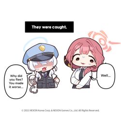  2girls :3 aru_(blue_archive) blue_archive chibi collared_shirt commentary cropped_torso cuffs donmin_h dress_shirt english_commentary english_text gloves halo hand_on_own_hip hand_up handcuffs hat holding holding_handcuffs long_hair long_sleeves looking_down low_twintails multiple_girls necktie nervous_sweating no_eyes no_nose official_art pink_hair pink_halo police_hat shirt short_sleeves speech_bubble sweat twintails upper_body white_gloves white_shirt 