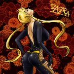  1girl artist_request ass back blonde_hair bodysuit breasts capcom female flower hand_on_own_leg hands_on_hips kasuga lips looking_up net sengoku_basara signature solo source_request twintails 