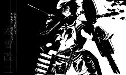  1girl ammunition_belt belt blaise_(akigayakozato) character_name closed_mouth commentary crop_top english_commentary gloves greyscale hair_between_eyes hat kantai_collection kiso_(kancolle) kiso_kai_ni_(kancolle) miniskirt monochrome navel neckerchief rigging sailor_collar school_uniform serafuku short_sleeves skirt solo translation_request 