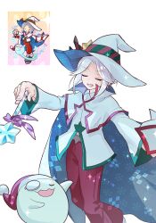  1boy ateliermineru blue_cape blue_hat book cape christmas closed_eyes coat commentary curtained_hair familiar feet_out_of_frame fur-trimmed_headwear fur_trim ghost hair_ornament hat highres holding holding_book holding_wand male_focus monocle official_art_inset official_artist_extra open_mouth pants purple_ribbon puyopuyo puyopuyo_quest red_hat red_pants reference_inset ribbon richard_(holy_night)_(puyopuyo) richard_(puyopuyo) santa_hat short_hair simple_background smile sparkle star_(symbol) star_hair_ornament star_wand two-sided_cape two-sided_fabric two-sided_headwear wand white_background white_cape white_coat white_hair white_hat witch_hat 