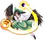  arm_cannon black_hair bow cape fang fire hair_bow highres long_hair madara_hato open_mouth red_eyes reiuji_utsuho solo touhou transparent_background weapon 