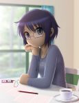  blue_eyes blue_hair chin_rest coffee cup digital_media_player glasses headphones hidamari_sketch highres ipod mp3_player paper pencil sae saucer siraha wooden_pencil 