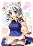  animal_ears apron black_legwear bow bow_panties braid dog_ears dog_tail fang hong_meiling izayoi_sakuya kemonomimi_mode maid maid_headdress minigirl panties purple_eyes tail tekehiro thighhighs touhou twin_braids underwear 