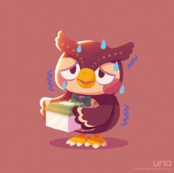  1boy animal_crossing bird_boy blathers_(animal_crossing) bow bowtie chibikemo green_bow green_bowtie holding karasuno_yui male_focus owl_boy simple_background solo standing sweat 